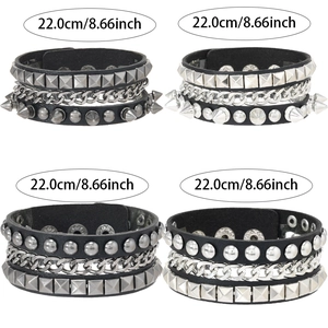 Set de bracelets punk en cuir pour homme avec clous, pointes et chaîne à maillons épais