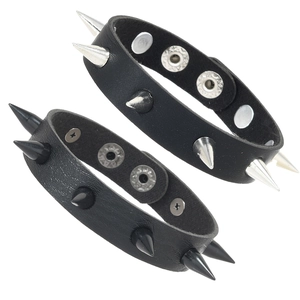 Punk Rivet Leather Bracelet Men Unisex Adjustable Snap Button Metal Spike Cuff Wristband Gothic Jewelry Black Silver