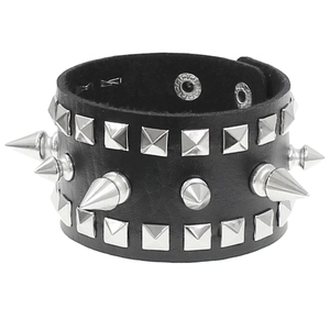 Punk leather bracelet with silver square studs and sharp conical spikes in black
