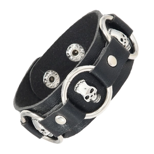 Punk Gothic Leather Skull Bracelet For Men Adjustable Black Wide Wrap Cuff With Metal Rings Rock Style Jewelry Gift