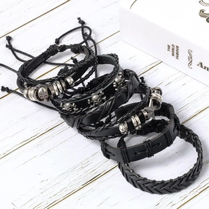 Six-piece men's punk skull leather bracelet set with braided ropes and metal beads
