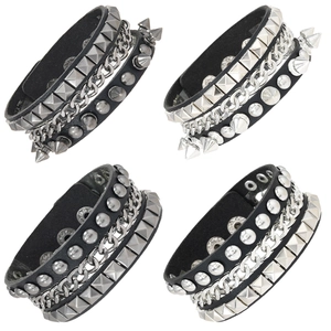Bracelet en Cuir Punk Rock pour Hommes Femmes Rivet Pointe Chaîne Multi Couche Enveloppant Réglable Biker Bijoux de Mode