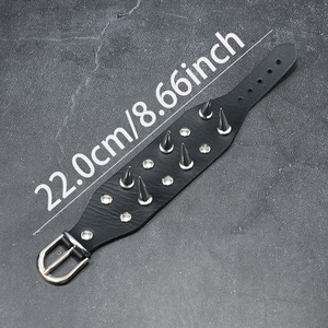Men's punk rock black leather bracelet with silver metal spikes and adjustable buckle