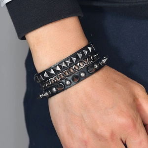 Black PU leather punk multi-layer bracelet with metal chains and gothic pyramid studs