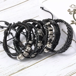 6-piece men's punk leather bracelet set with skull charms and black braided ropes