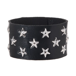 Punk rock style black leather wide cuff bracelet with silver star metal rivets