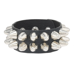 Punk style double row silver rivet leather bracelet for men with rock biker aesthetic