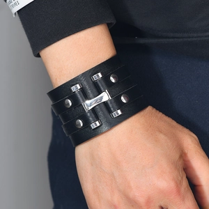 Punk black leather wide cuff bracelet with silver studs and metal buckle for men