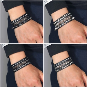 Bracelet punk en cuir pour homme avec pointes, rivets en argent et chaînes multicouches