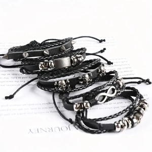 Men's 6-piece punk leather bracelet set featuring skull and infinity metal charms