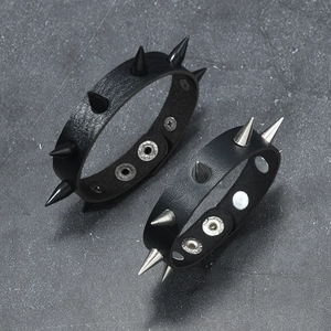 Punk leather bracelets for men featuring black and silver spiked metal rivets in two styles