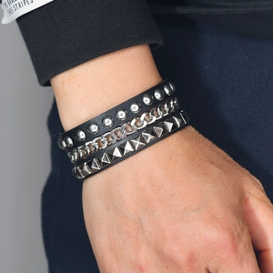Punk style multilayer leather bracelet set with silver rivets and metal cuban chains