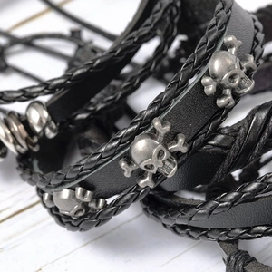 Punk style multi-layer leather bracelet set with retro silver skull charms for men