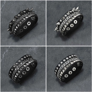 Bracelets punk en cuir noir pour homme avec pointes en métal, rivets et chaînes