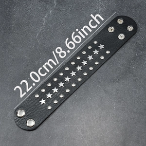 Punk rock leather wristband with silver star studs and snap fasteners for men and women