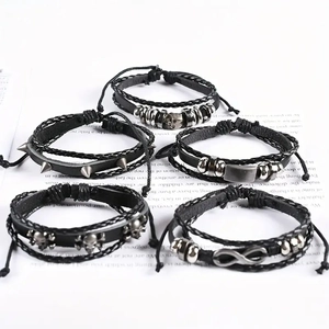 5-piece men's punk leather bracelet set with skull and stud alloy charms in black