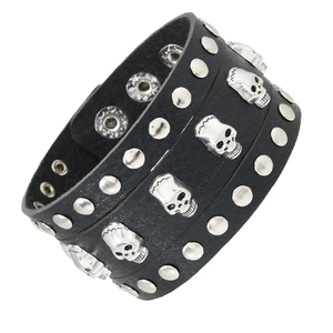 Men's Punk Vintage Black Leather Bracelet Silver Metal Skull Rivet Studs Adjustable Rock Wristband Fashion Jewelry