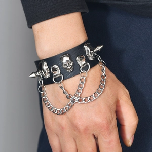 Punk style adjustable black PU leather bracelet with silver skull studs and metal chains
