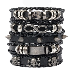Men Multi Layer Woven Leather Bracelet With Alloy Skull Infinity Symbol Gothic Rock Punk Adjustable Wrap Hand Jewelry