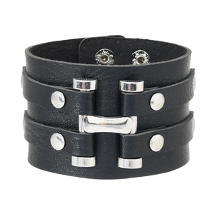Punk black leather wristband with silver metal rivets and H-shaped buckle detail