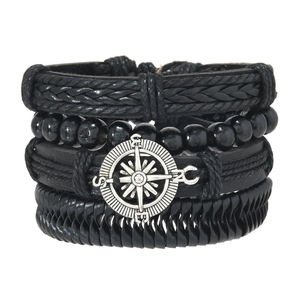 4-piece set of men's multilayer braided leather bracelets with vintage compass pendant