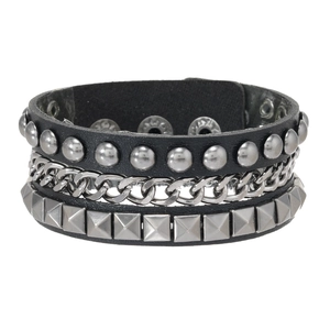 Punk leather bracelet with silver metal chains and stud rivets featuring adjustable snaps