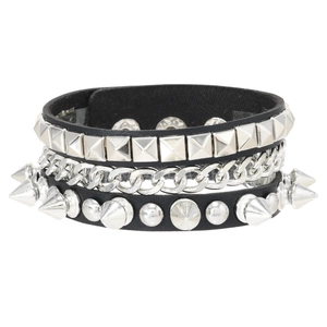 Punk rock style layered leather bracelet with silver pyramid studs and heavy metal chain