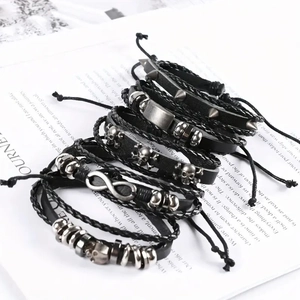 6-piece men's punk leather bracelet set with skull and infinity silver alloy charms