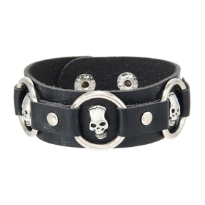 Punk style black leather bracelet featuring silver metal rings and skull charms with studs