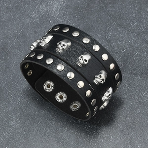 Punk vintage wide leather bracelet for men with silver skull and metal stud accents
