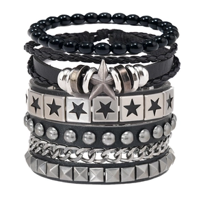 Set Bracciale in Pelle Multistrato Punk da Uomo Stella Lega Rivetto Catena Vintage Gothic Fatto a Mano Gioielli Unisex Regolabile