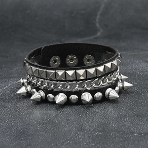 Punk multilayer leather bracelet with metal spikes, studs and heavy chain detail
