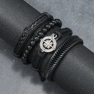 4-piece vintage black braided leather bracelet set for men featuring a compass charm