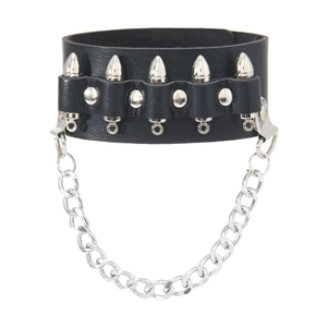Bracelet punk en cuir noir avec rivets balles argentés et chaîne en métal robuste