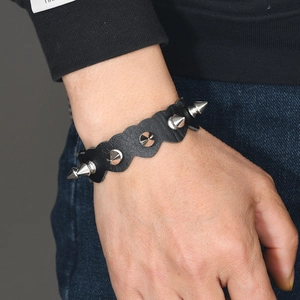Punk rock style black leather wristband with five silver cone studs for men's fashion