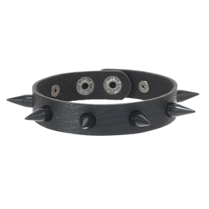 Punk black leather bracelet with sharp metallic spikes and adjustable snap fastener
