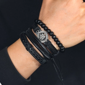 Men's 4-piece set of black braided leather bracelets with vintage silver compass charm
