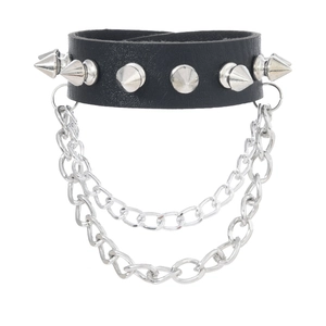 Punk-Lederarmband in Schwarz mit silbernen Metallstacheln und doppelten Hängeketten