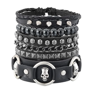 Men's Punk Leather Bracelet Set With Skull Charms And Rivets Multi Layer Braided Cord Chain Wristbands Gothic Jewelry Accessories
