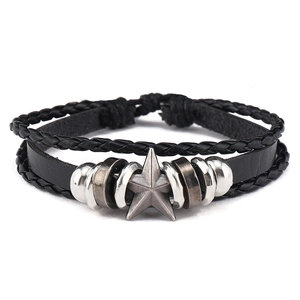 Men's multilayer leather bracelet set with vintage silver star and punk style metal beads
