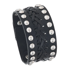 Vintage Punk Wide Leather Bracelet For Men Woven Black Leather Cuff Silver Rivet Adjustable Snap Handcrafted Jewelry