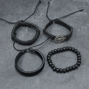 4-piece men's vintage black woven leather bracelet set featuring metal compass relief