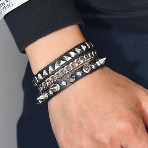 Punk multilayer black leather bracelet set featuring silver metal studs and heavy chains