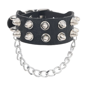 Punk black leather bracelet with silver cone studs and metal chain detail on white background