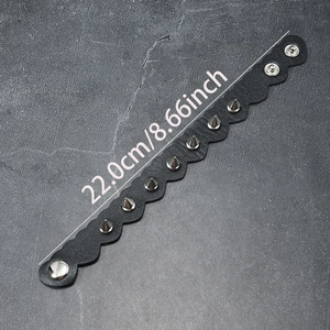 Men's punk black leather bracelet with silver metal spikes and snap button, 22cm length