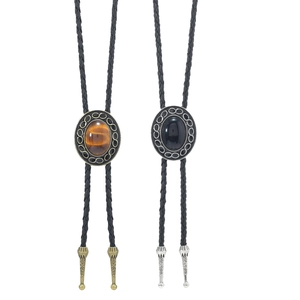 Retro bolo ties with tiger eye and black agate stones on black braided cords