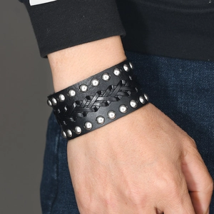 Retro punk black braided leather bracelet for men with silver metal rivets and wide cuff style