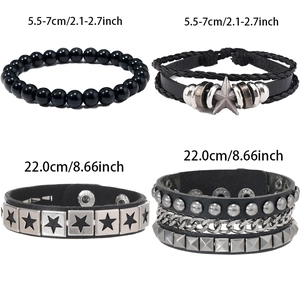 Set di 4 bracciali da uomo in pelle nera con ciondoli a stella e perline in metallo