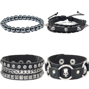 4-piece punk style bracelet set with beads, rivets, and biker chain designs on white background