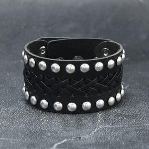 Retro punk black leather bracelet with silver rivets and woven design for men
